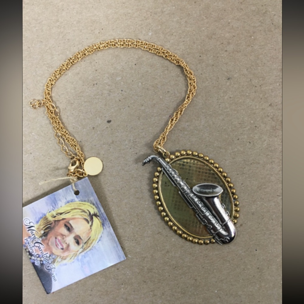 MCS designs 3D jazz saxophone necklace on vintage chain